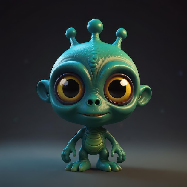 3D cartoon alien character with bright colors big eyes and a friendly expression