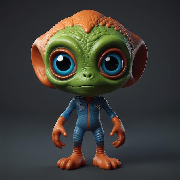 3D cartoon alien character with bright colors big eyes and a friendly expression