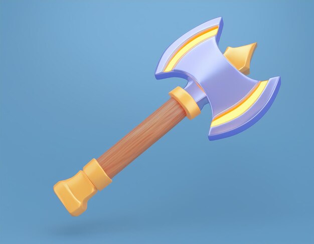 Photo 3d cartoon axe with a wooden handle and a blue double bladed head