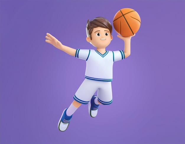 3D cartoon basketball player mid air with the ball in his hands 3D illustration