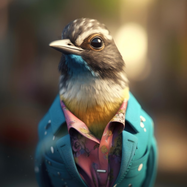 3D cartoon bird portrait wearing clothes glasses hat jacket standing in front