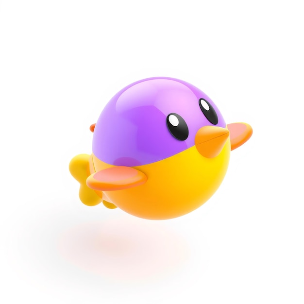 A 3D cartoon bird with purple and yellow colors with big eyes and a beak is flying in the air