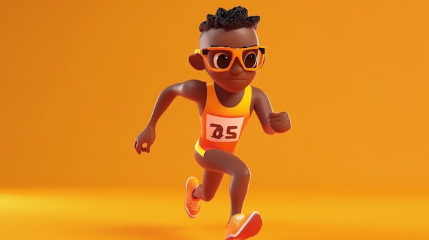 Photo a 3d cartoon black boy wearing glasses and a running uniform is running in front of an orange background