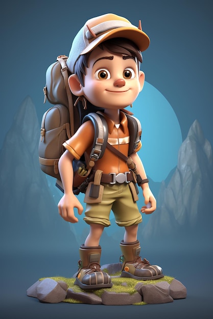 3D Cartoon Boy Climbing Mountain Character