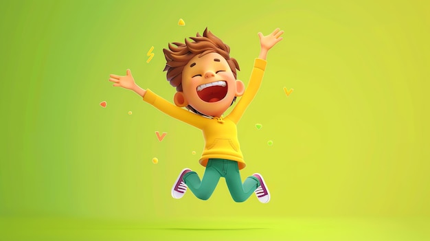 A 3D cartoon boy jumps with joy against a green background