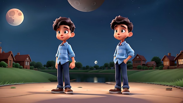 3D cartoon Boy At Night