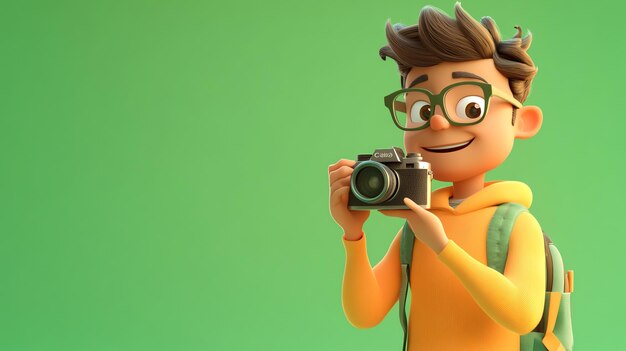 Photo a 3d cartoon boy wearing glasses smiles while holding a camera in front of a green screen