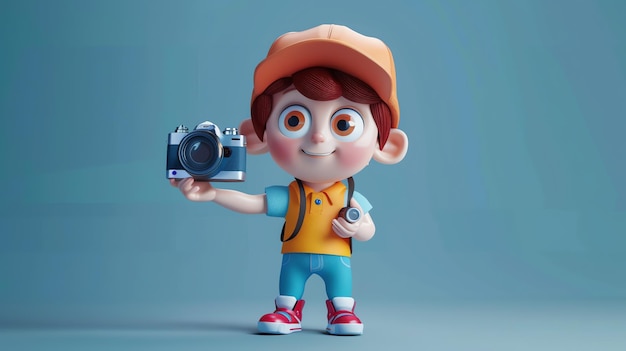 Photo a 3d cartoon boy wearing a hat and a yellow shirt is holding a camera