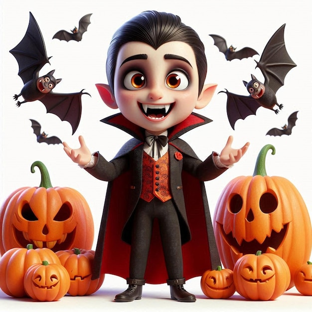 Photo 3d cartoon of a boy wearing a scary dracula costume celebrating halloween