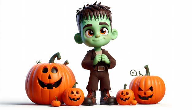 Photo 3d cartoon of a boy wearing a scary frankenstein monster costume celebrating halloween