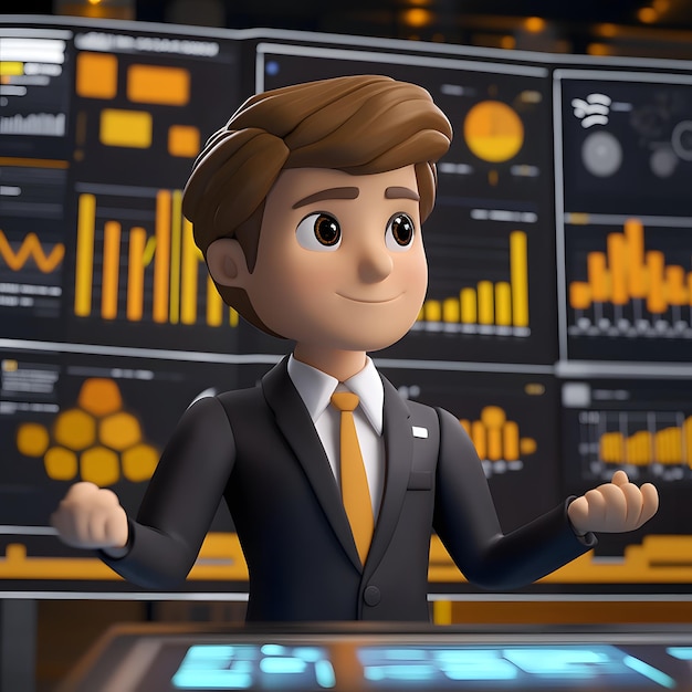 3D Cartoon Businessman Character In Front Of Charts