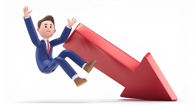 3d cartoon businessman falling off downward arrow