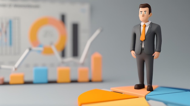 3D Cartoon Businessman Standing on a Pie Chart