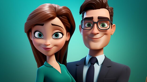 3d cartoon businesswoman leaning on businessman