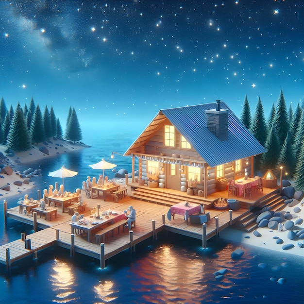 3D Cartoon Cabin Lakeside Dining under a Starry Night Sky