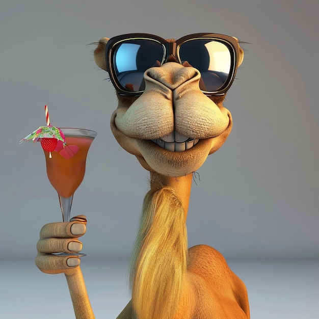 Photo 3d cartoon camel with a cocktail