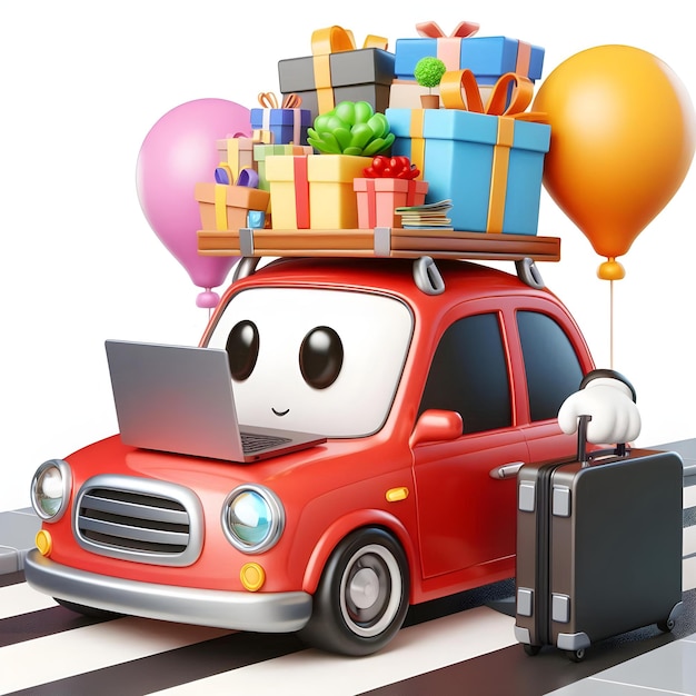 3D Cartoon Car Commuting to Office with Laptop