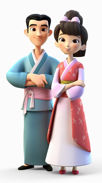 3D cartoon Cartoon Japanese couple wearing traditional