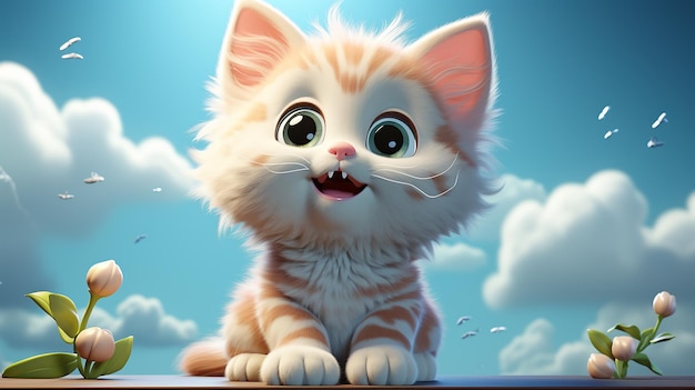 3D cartoon cat illustration on pastel blue background