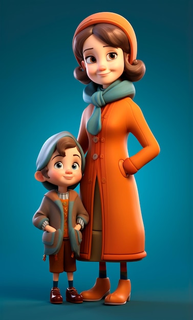 3D cartoon character of Babysitter and a cute little girl