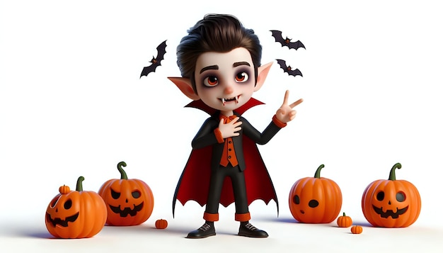 Photo 3d cartoon character of a boy wearing a vampire costume for halloween