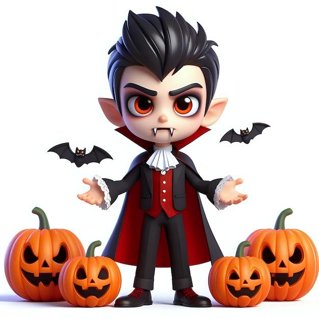 Photo 3d cartoon character of a boy wearing a vampire costume for halloween