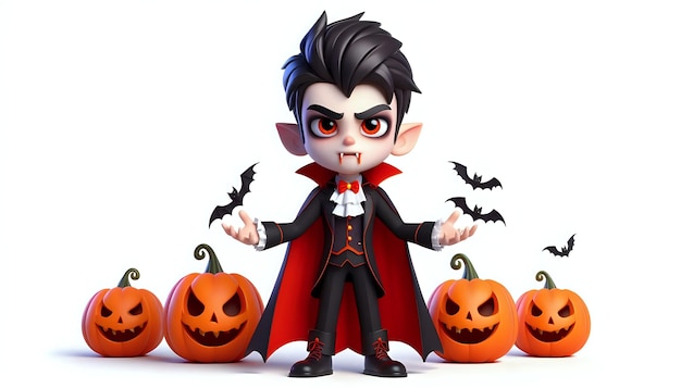 Photo 3d cartoon character of a boy wearing a vampire costume for halloween