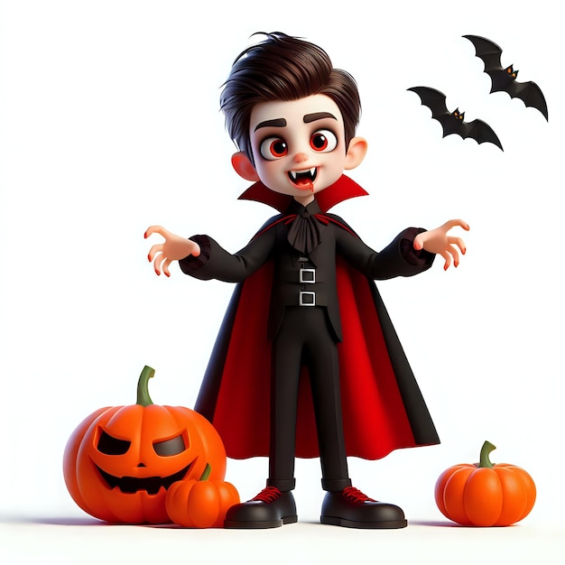 Photo 3d cartoon character of a boy wearing a vampire costume for halloween