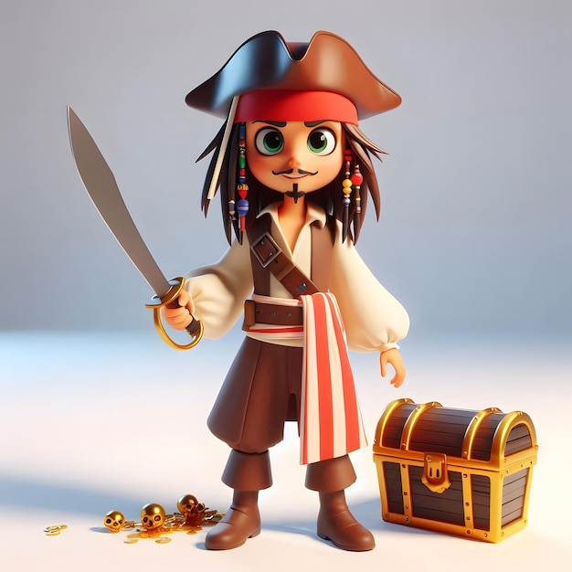 Photo 3d cartoon character of a boy with pirate costume