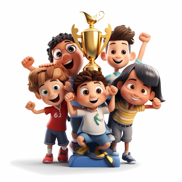 3D cartoon character cute group of people student kids holding a trophy celebrating champion golden