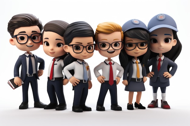 3D cartoon character cute multi ethnic group of young business people corporate team officer