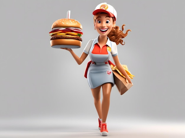 3D cartoon character fast food burger delivery girl white background