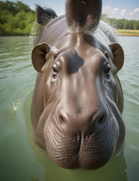 3d cartoon character Hippopotamus standing inside water