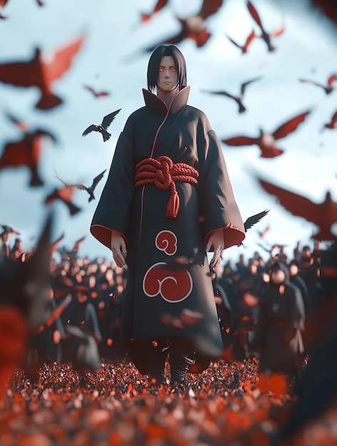 Photo 3d cartoon character of itachi uchiha in akatsuki cloak