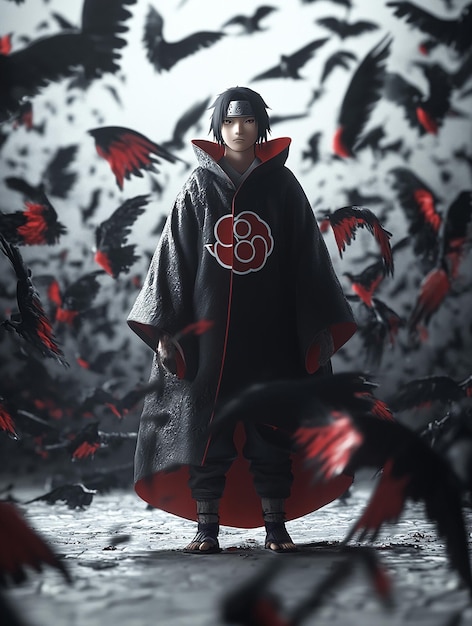 Photo 3d cartoon character of itachi uchiha in akatsuki cloak