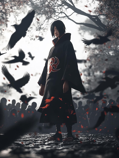 Photo 3d cartoon character of itachi uchiha in akatsuki cloak