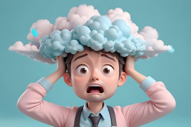 3D cartoon character overwhelmed with stress and anxiety represented by clouds