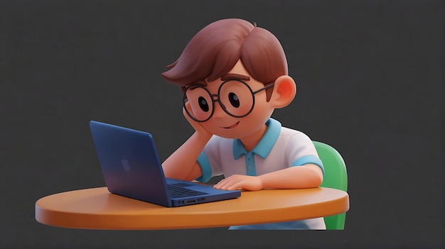 3D Cartoon character sits at the table with a laptop