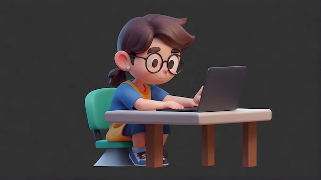 3D Cartoon character sits at the table with a laptop