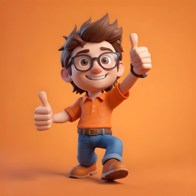 3d Cartoon character wearing glasses with hand pose and orange background