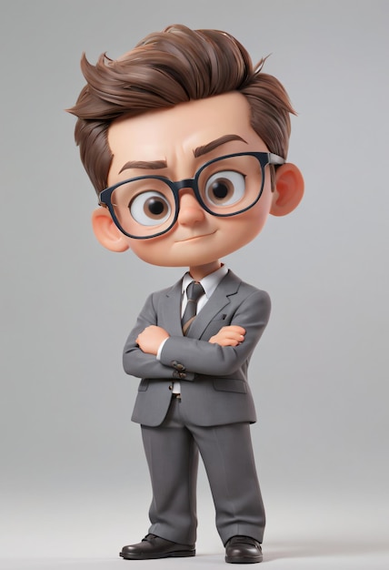 3d Cartoon Character wearing suit and glasses is looking at with smile