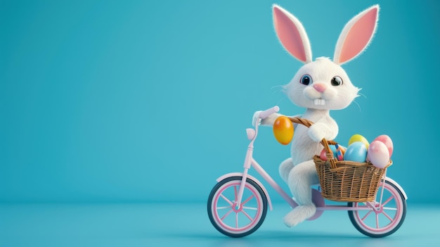 Photo 3d cartoon character white rabbit riding a bicycle with a basket full of colorful easter eggs