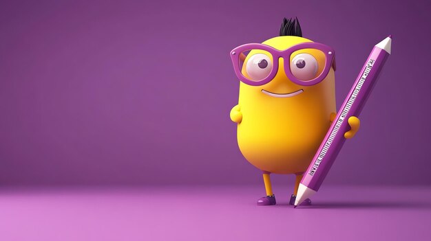 Photo a 3d cartoon character with glasses holds a purple pencil