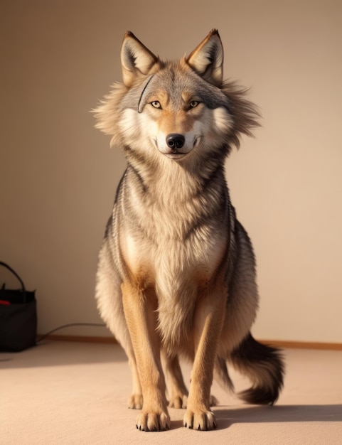 3d cartoon character wolf standing inside room