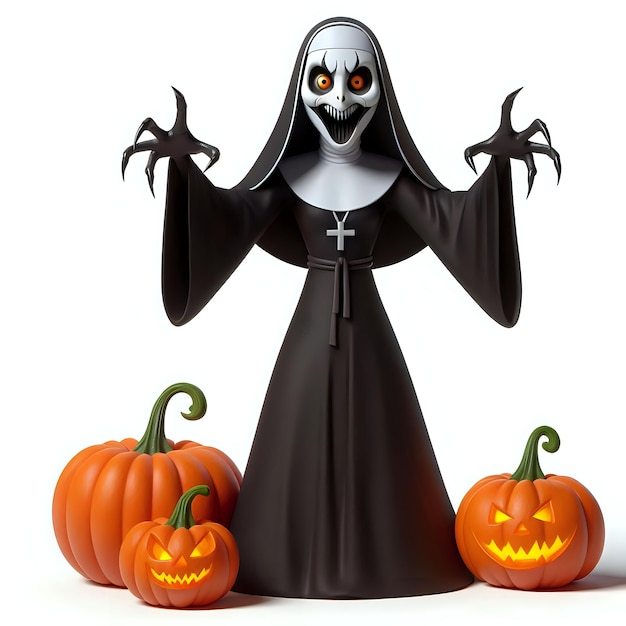 Photo 3d cartoon character of a woman with an evil nun halloween costume