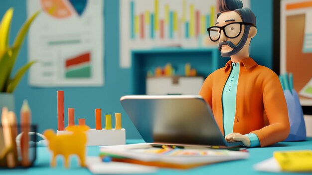 Photo 3d cartoon character working on a laptop in an office