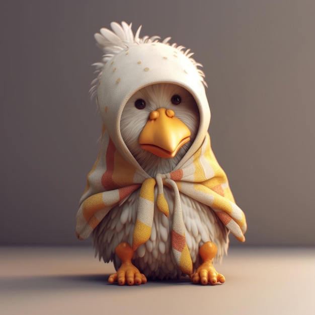 3D cartoon chicken portrait wearing clothes glasses hat jacket standing in front