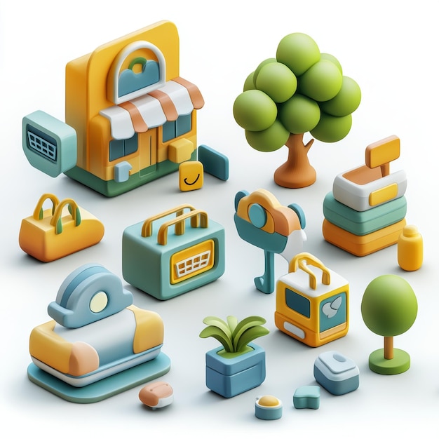 Photo 3d cartoon city store building icons set minimalist design