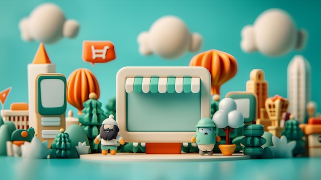 3D Cartoon Cityscape with Shop and People