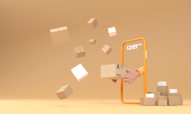 3D Cartoon courier hand from smartphone in orange holding cardboard box  xA